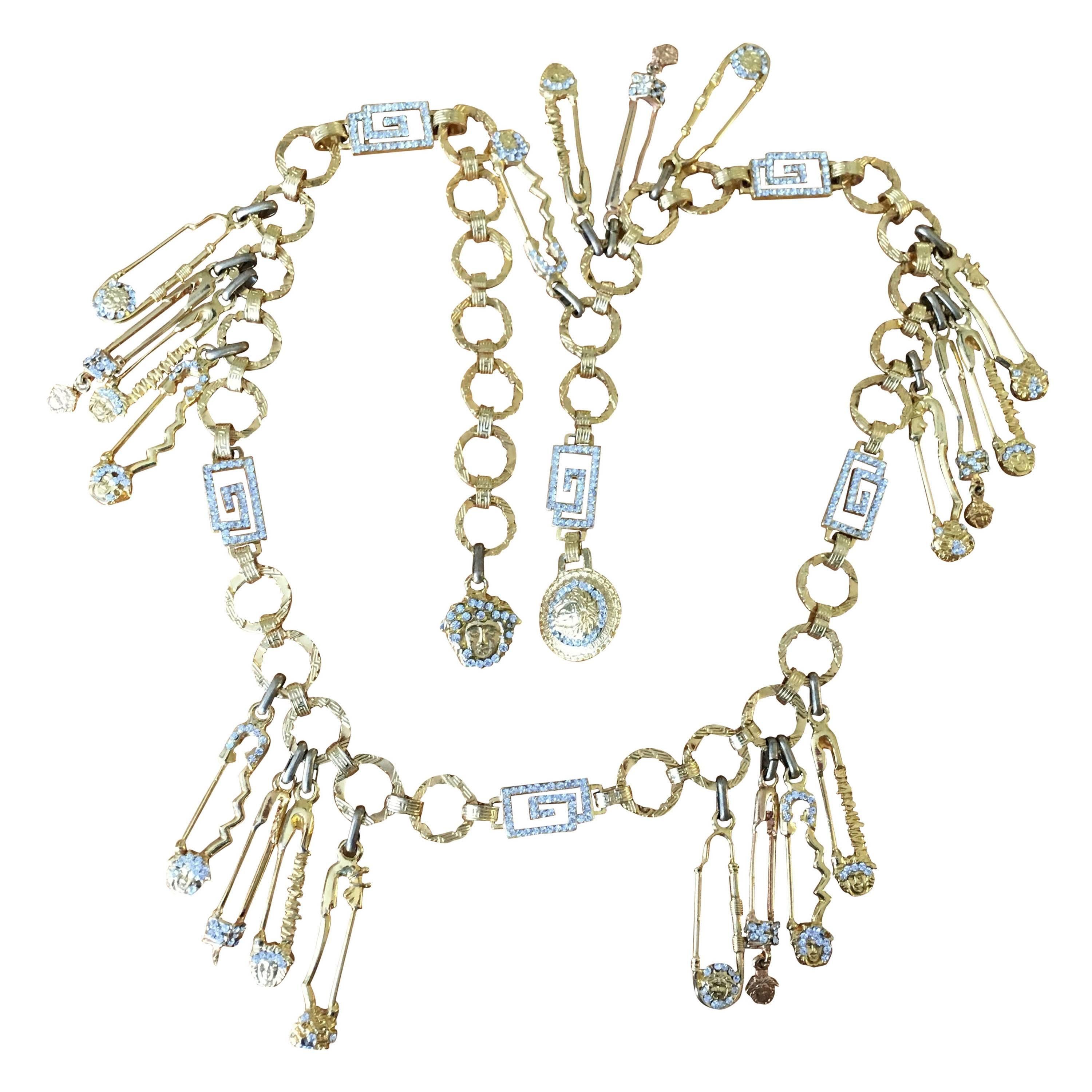 Gianni Versace Rare Vintage Crystal Embellished Greek Key Safety Pin Medusa Bel For Sale