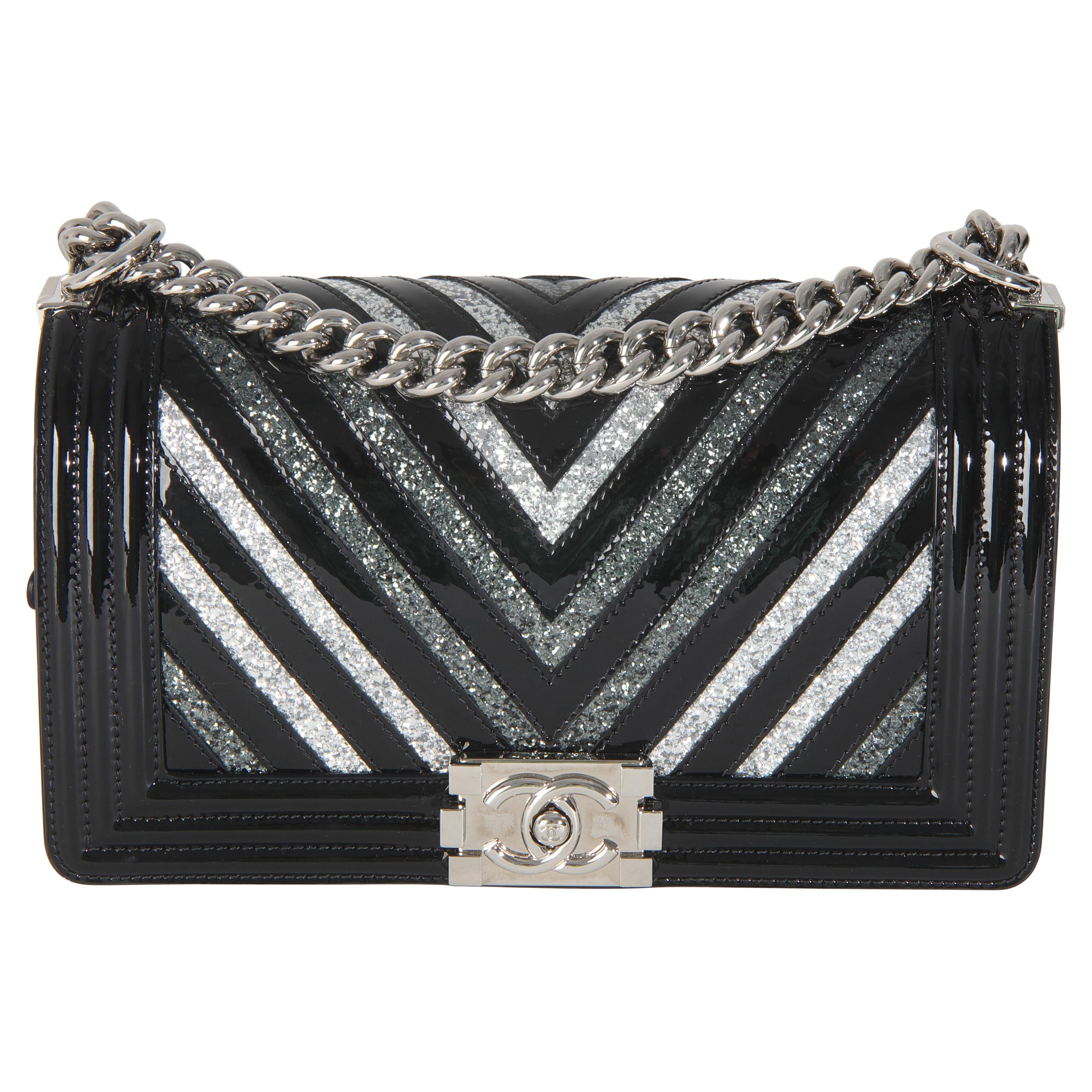 Chanel Black Patent Chevron Glitter PVC Old Medium Boy Bag For Sale