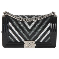 Chanel Black Patent Chevron Glitter PVC Old Medium Boy Bag