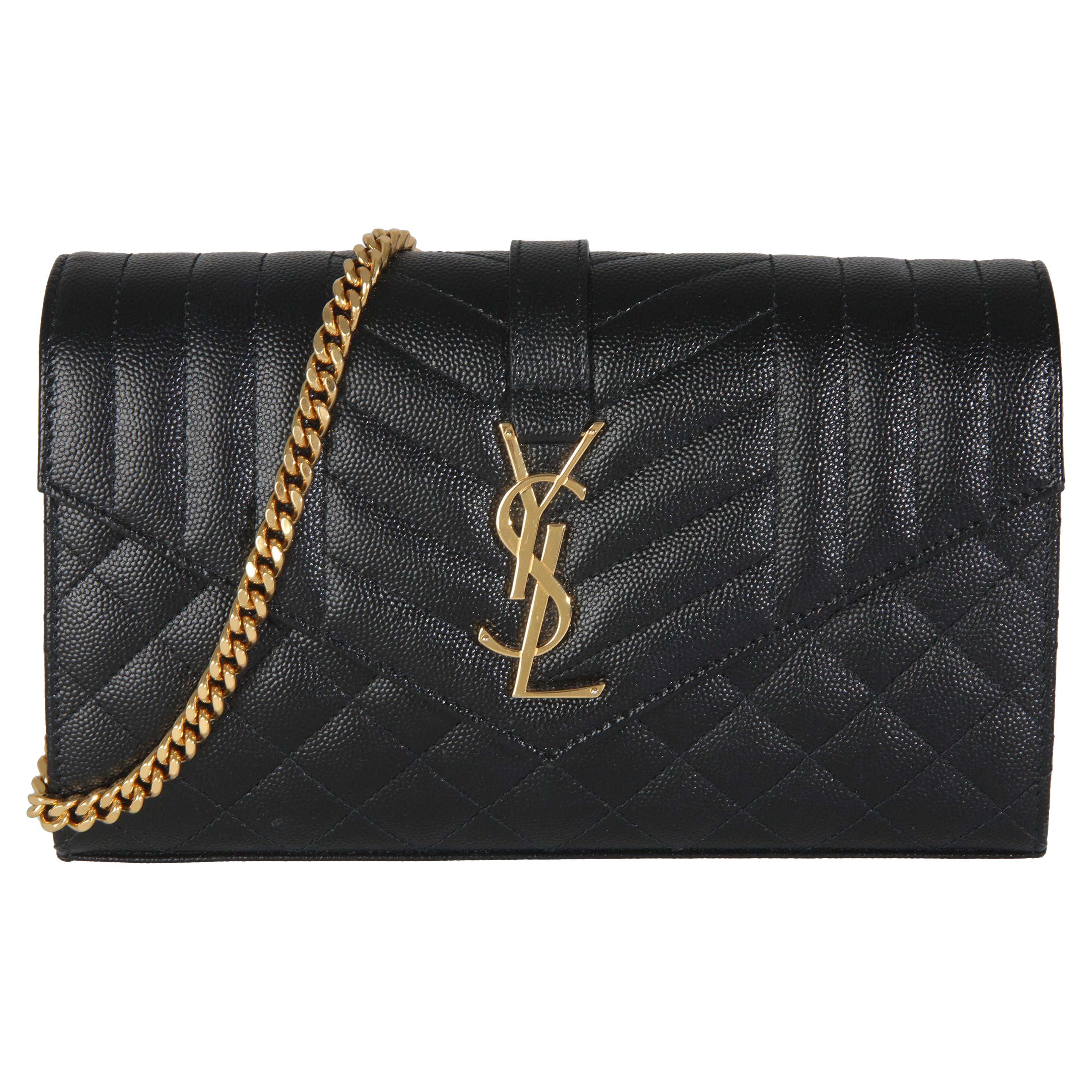 Saint Laurent Black Grain De Poudre Matelasse Triquilt Monogram Chain Wallet For Sale