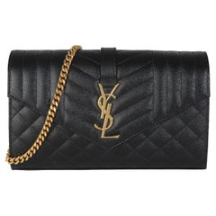 Saint Laurent Black Grain De Poudre Matelasse Triquilt Monogram Chain Wallet