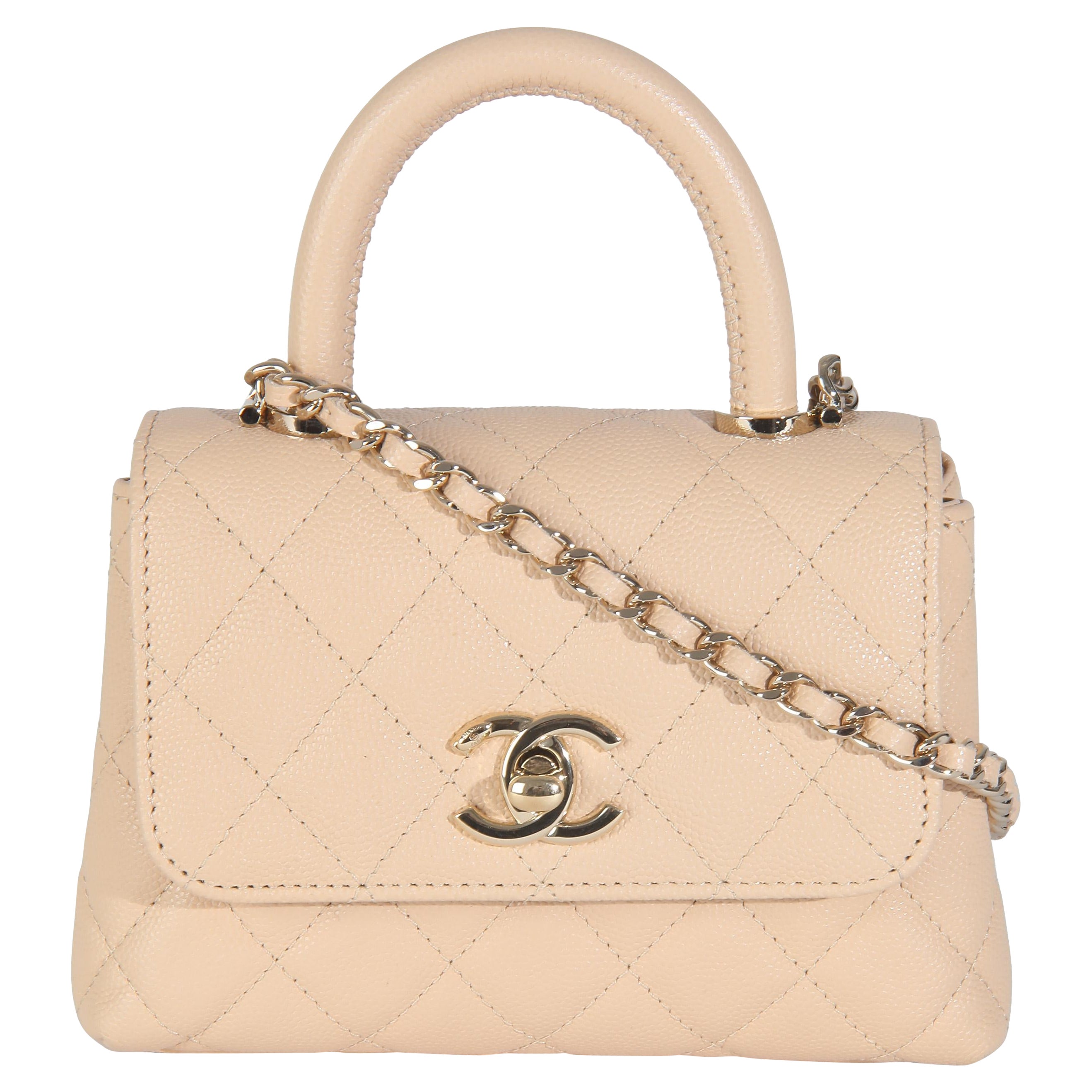 Chanel Beige Quilted Caviar Extra Mini Coco Top Handle Bag For Sale