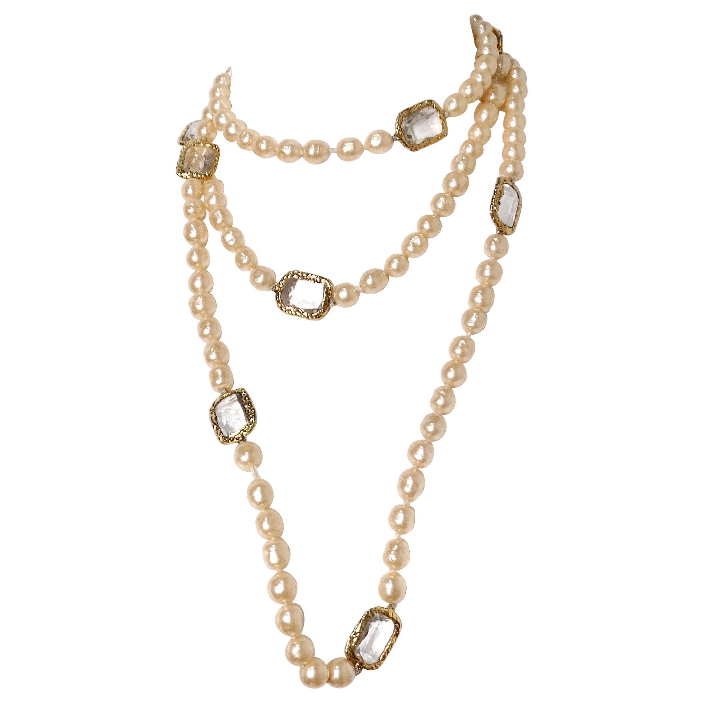 Chanel Long Pearl Swarovski Crystal Chicklet Necklace circa 1980s For Sale
