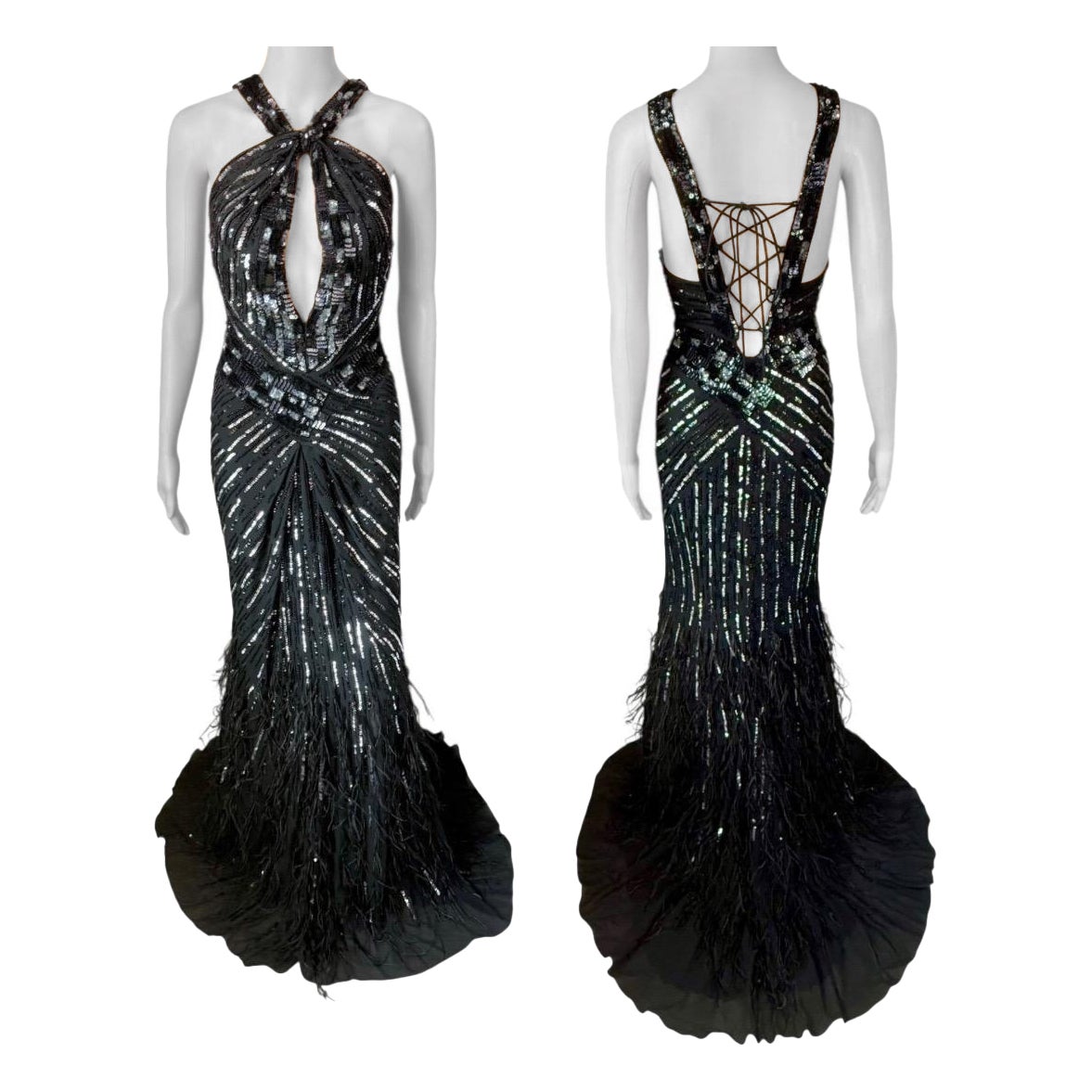 Roberto Cavalli c.2015 Embellished Feathers Lace Up Corset Evening Dress Gown For Sale