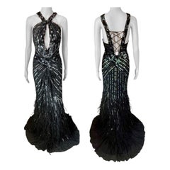 Roberto Cavalli c.2015 Embellished Feathers Lace Up Corset Evening Dress Gown