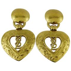 Yves Saint Laurent YSL Vintage Gold Toned Heart Dangling Earrings 11