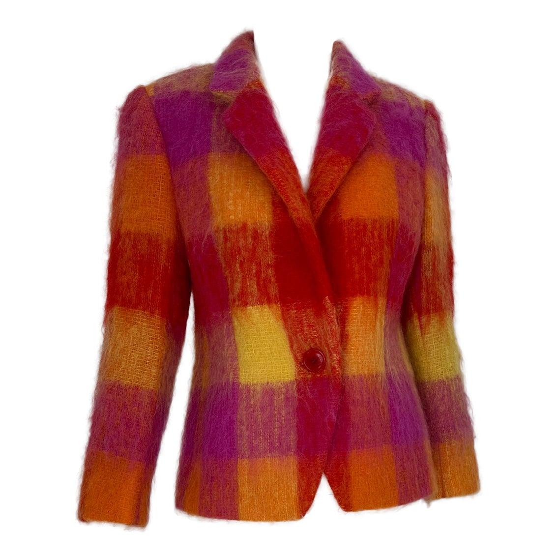 Mondi Mohair Angora Chashmere Plaid Jacket Hot Pink Orange Yellow  34 For Sale