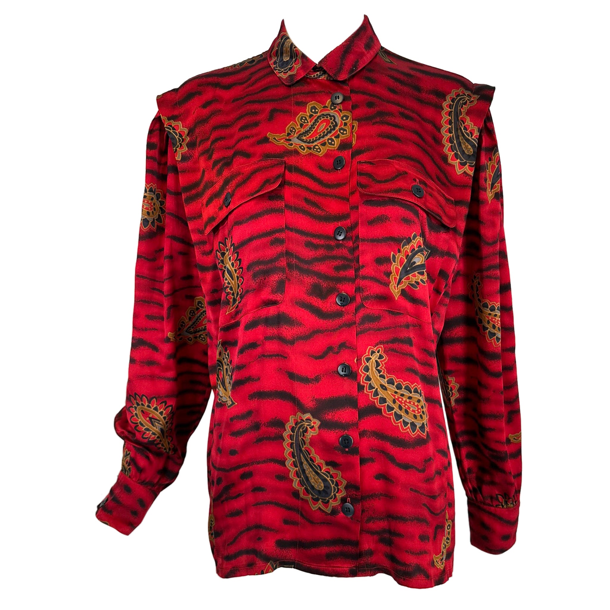 Escada Red & Black Animal Stripe Boteh Silk Print Blouse Full Gathered Shoulder For Sale