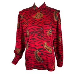 Escada Red & Black Animal Stripe Boteh Silk Print Blouse Full Gathered Shoulder