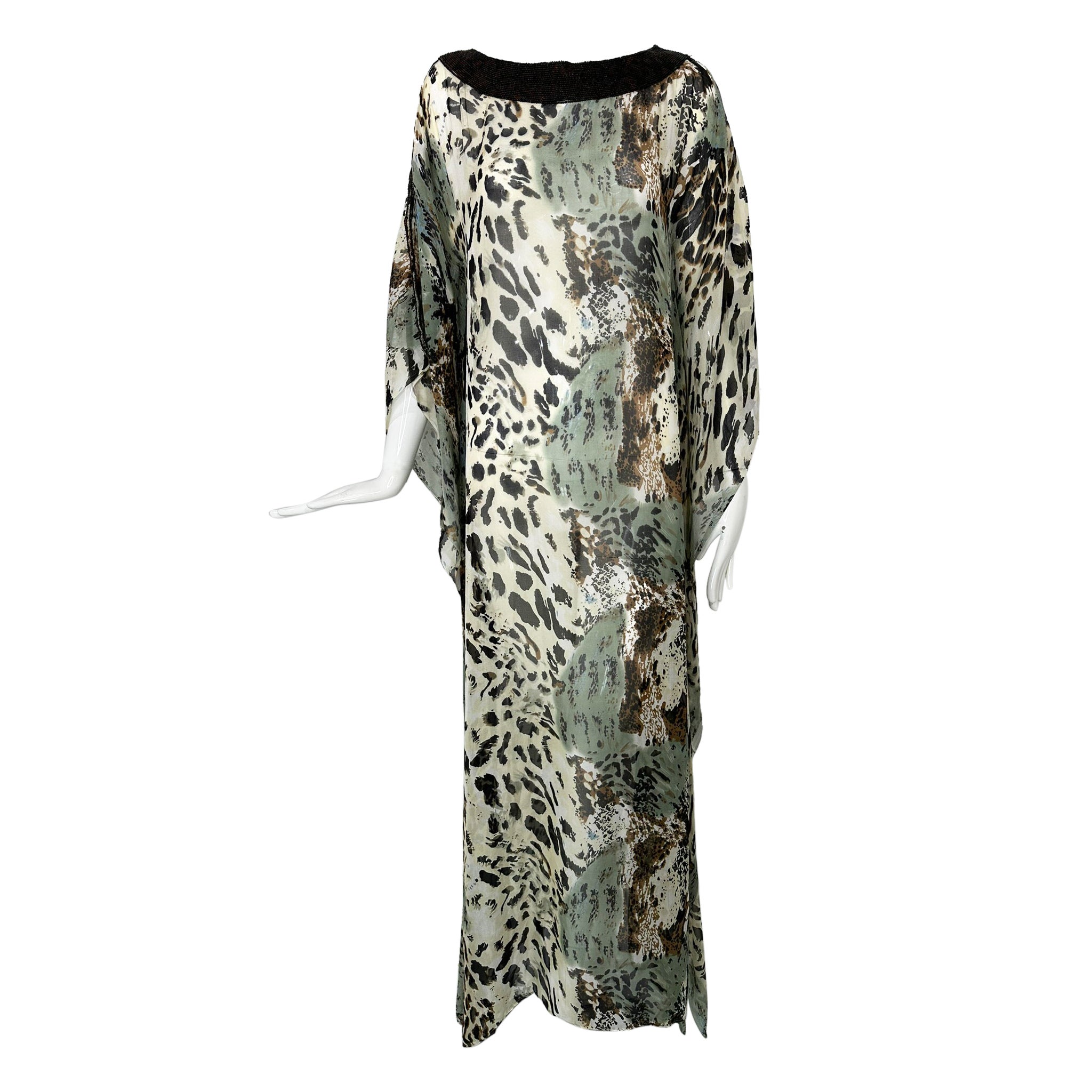 Jeannie McQueeny Leopard Print Beaded Sheer Silk Chiffon Caftan OSFM For Sale