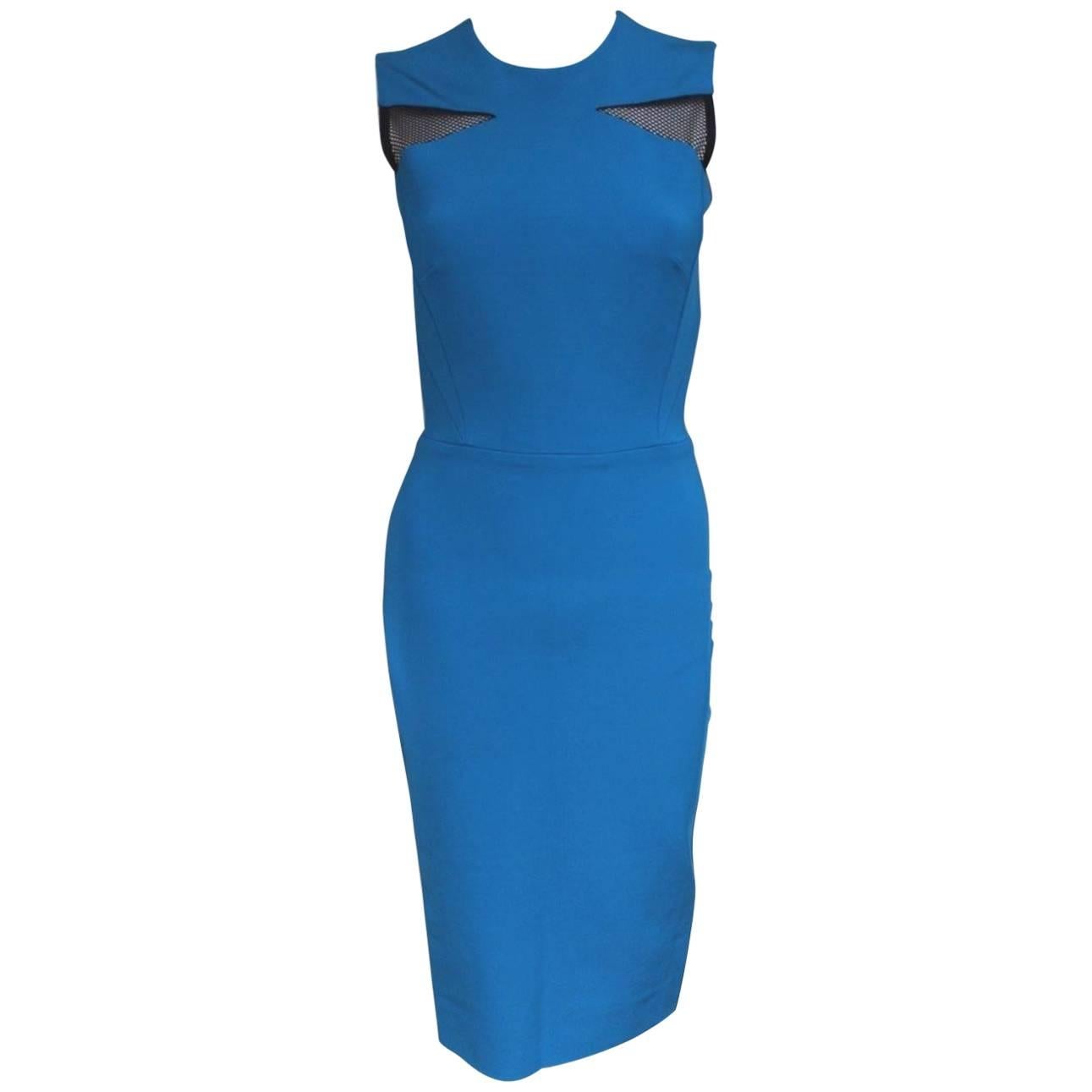 Victoria Beckham Blue Black Mesh-trimmed Ponte Dress UK 8  For Sale