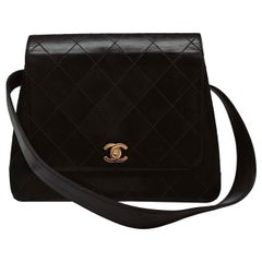 Chanel Vintage Kelly Style Black Leather Shoulder Bag Diamond Stitch Medium Gold