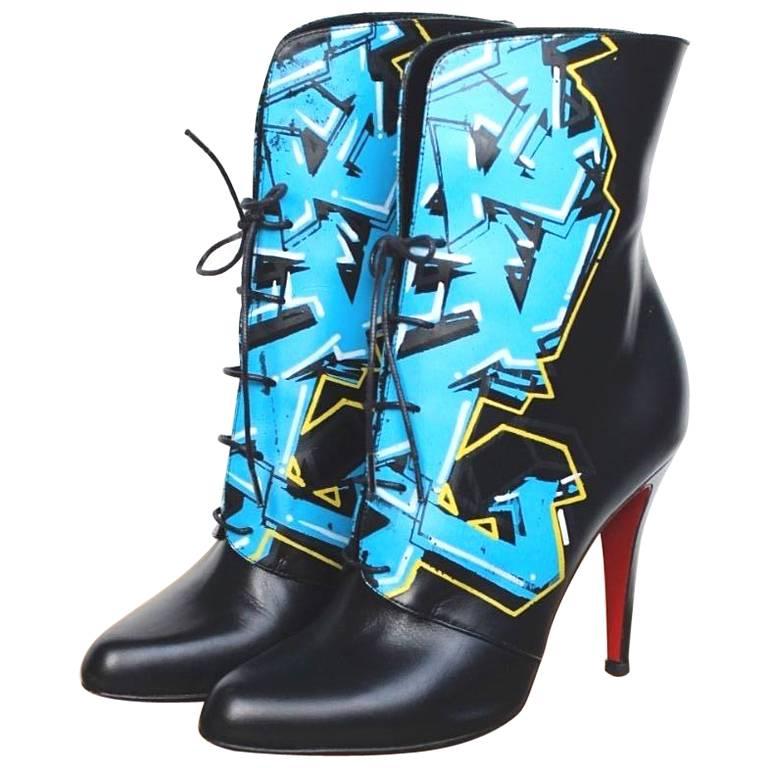 CHRISTIAN LOUBOUTIN Madison Graffiti Black Leather Boots 38 uk 5 For Sale