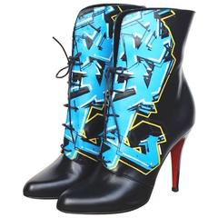 CHRISTIAN LOUBOUTIN Madison Graffiti Black Leather Boots 38 uk 5