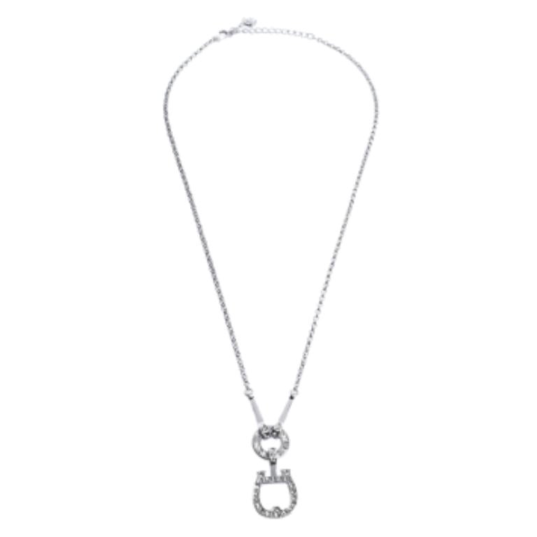 Aigner Crystal Embellished Logo Pendant Silver Tone Necklace For Sale