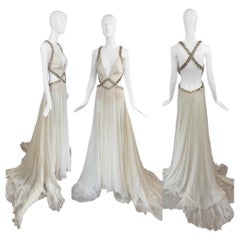 ROBERTO CAVALLI 2009 Vintage Ivory Chain Embellished Silk Gown Maxi Dress Bride