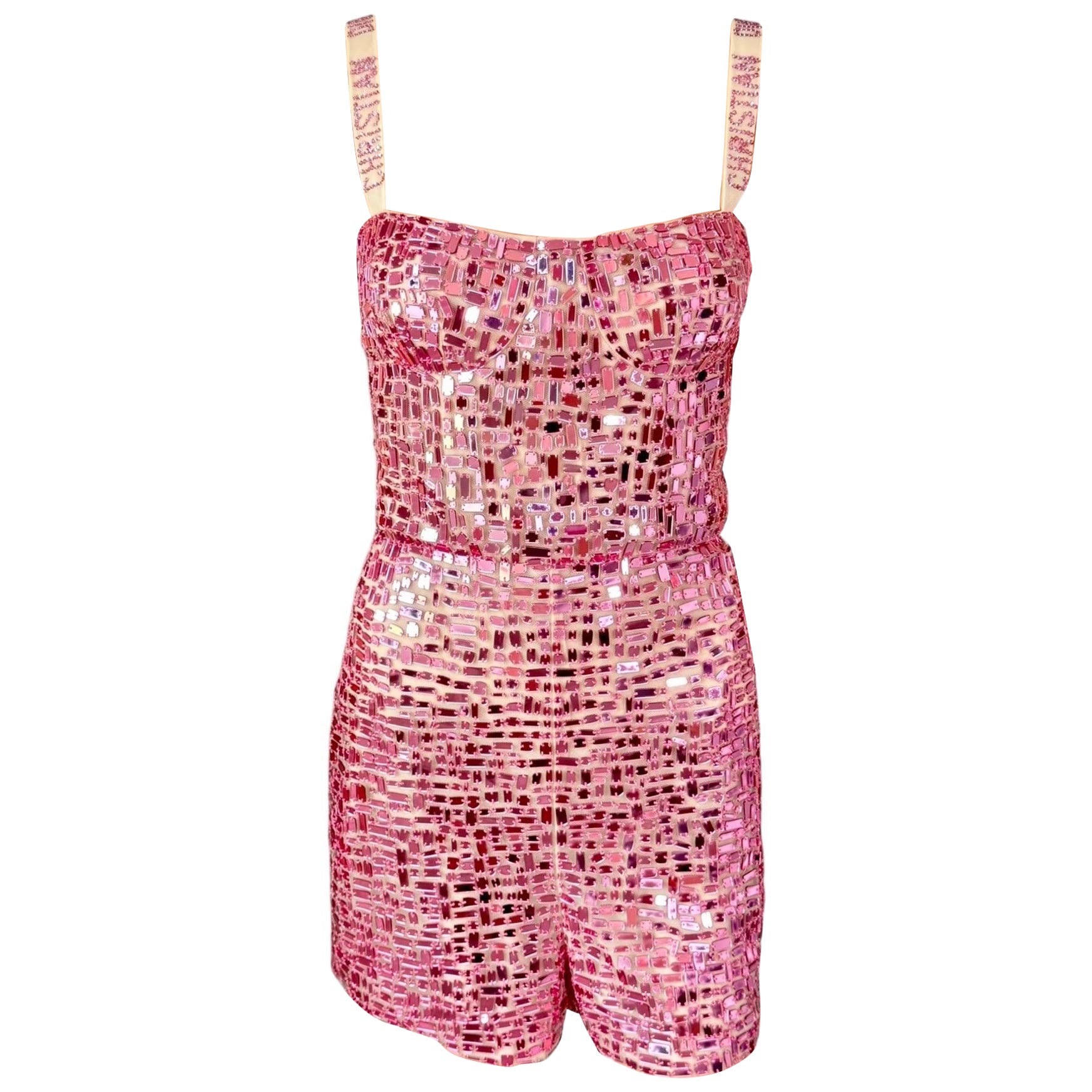 Christian Dior S/S 2018 Runway Embellished Mirror Logo Pink Jumpsuit Romper For Sale
