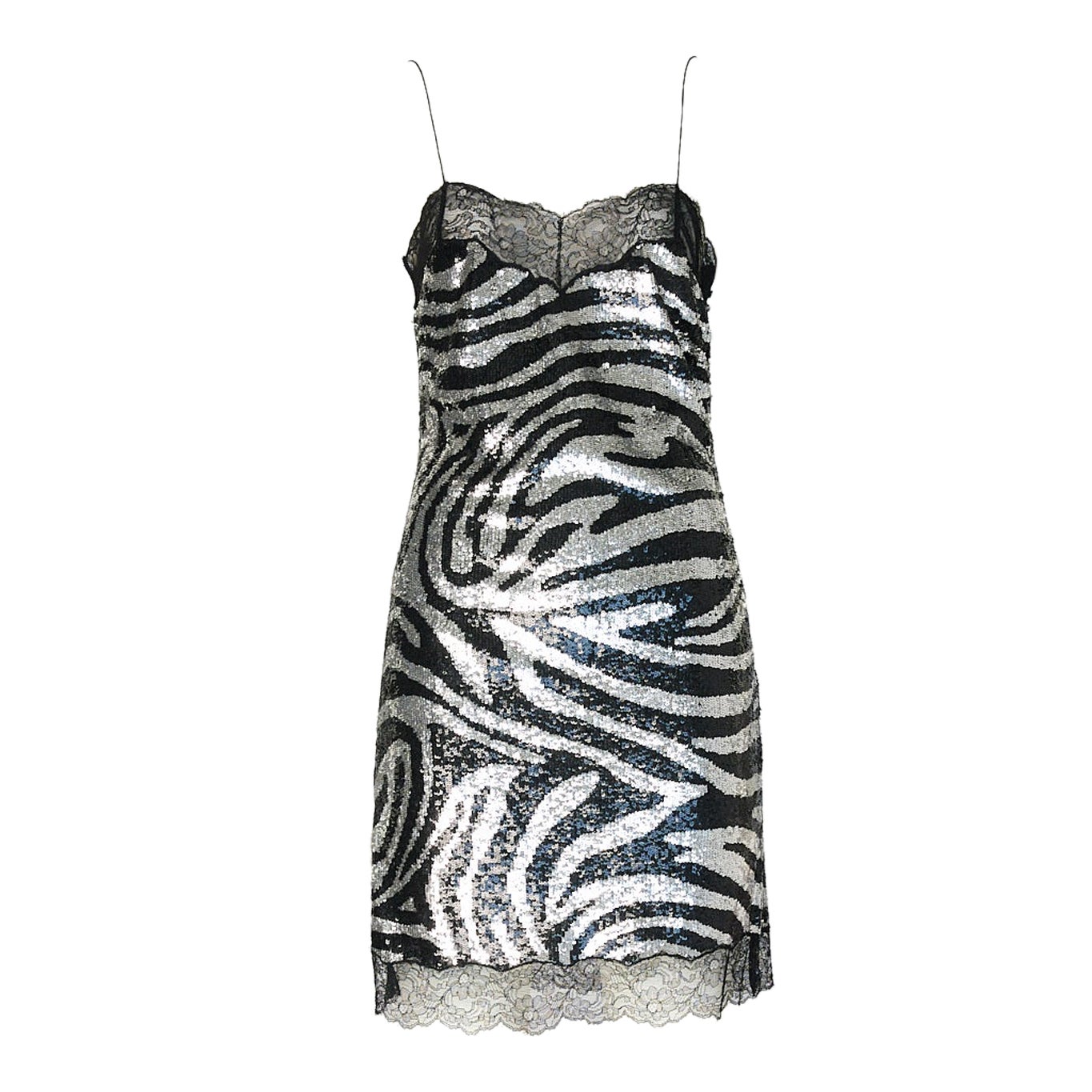 Celine By Michael Kors Runway Zebra Patterned Sequins & Lace Slip Dress, FW2003 For Sale