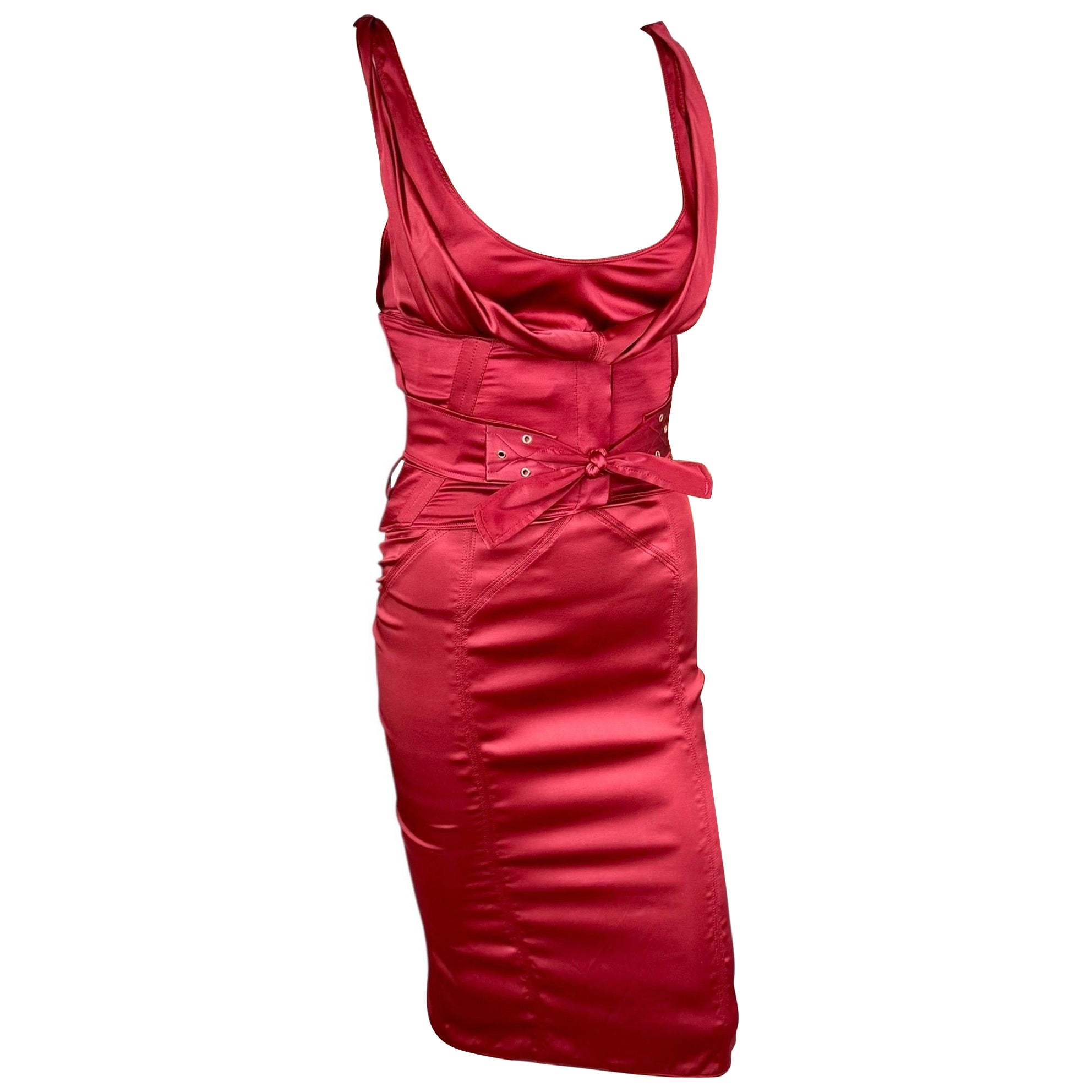 Tom Ford for Gucci F/W 2003 Runway Corset Belt Cutout Bustier Silk Red Dress For Sale