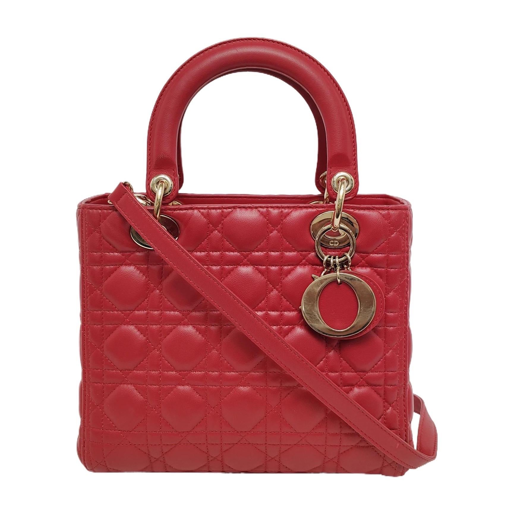 Lady Dior Medium Red Lambskin Leather Gold Hardware Leather Strap For Sale