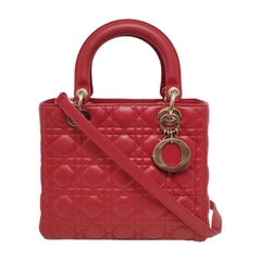 Lady Dior Medium Red Lambskin Leather Gold Hardware Leather Strap