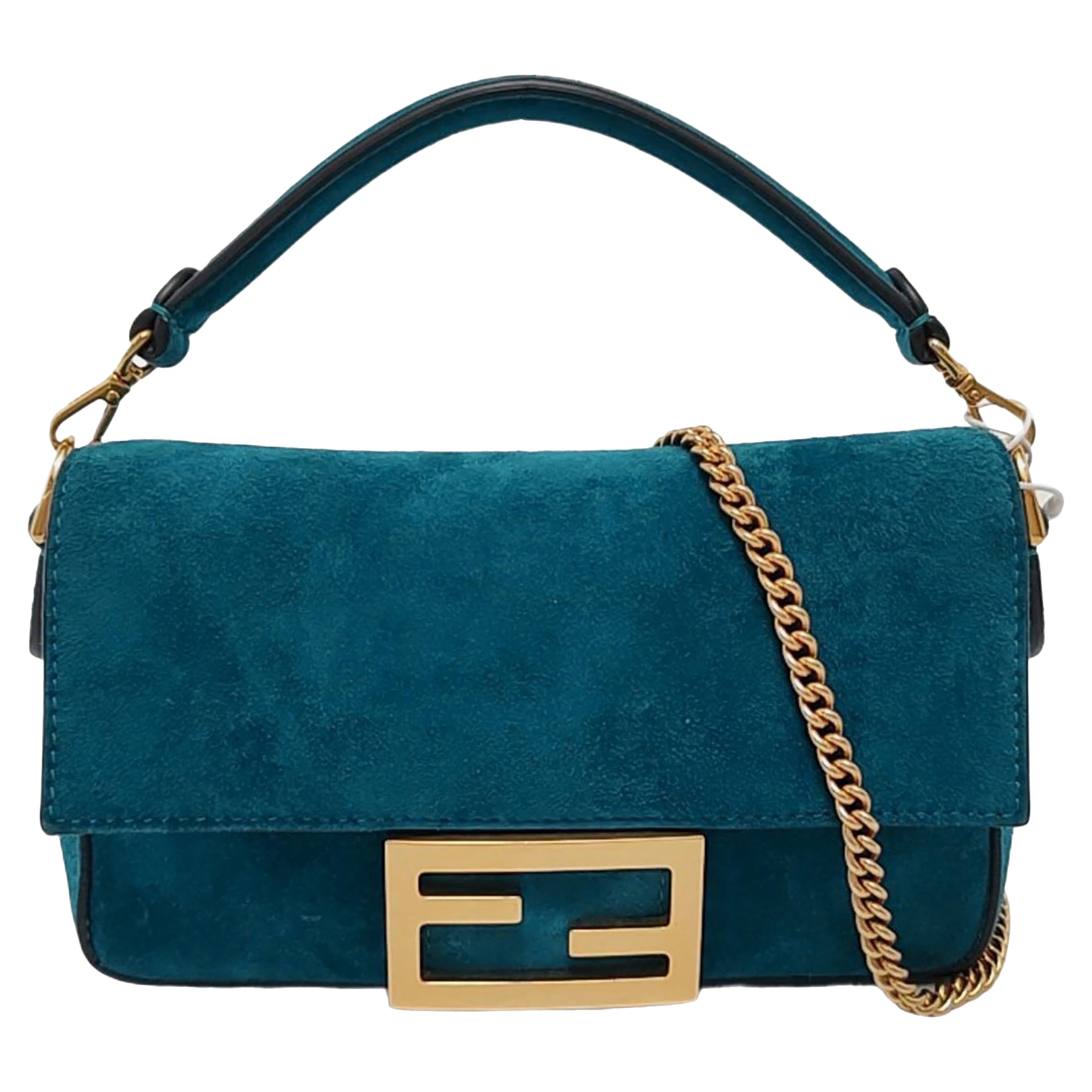 Fendi Baguette Mini Turquoise Blue Suede Gold Hardware Crossbody Bag For Sale
