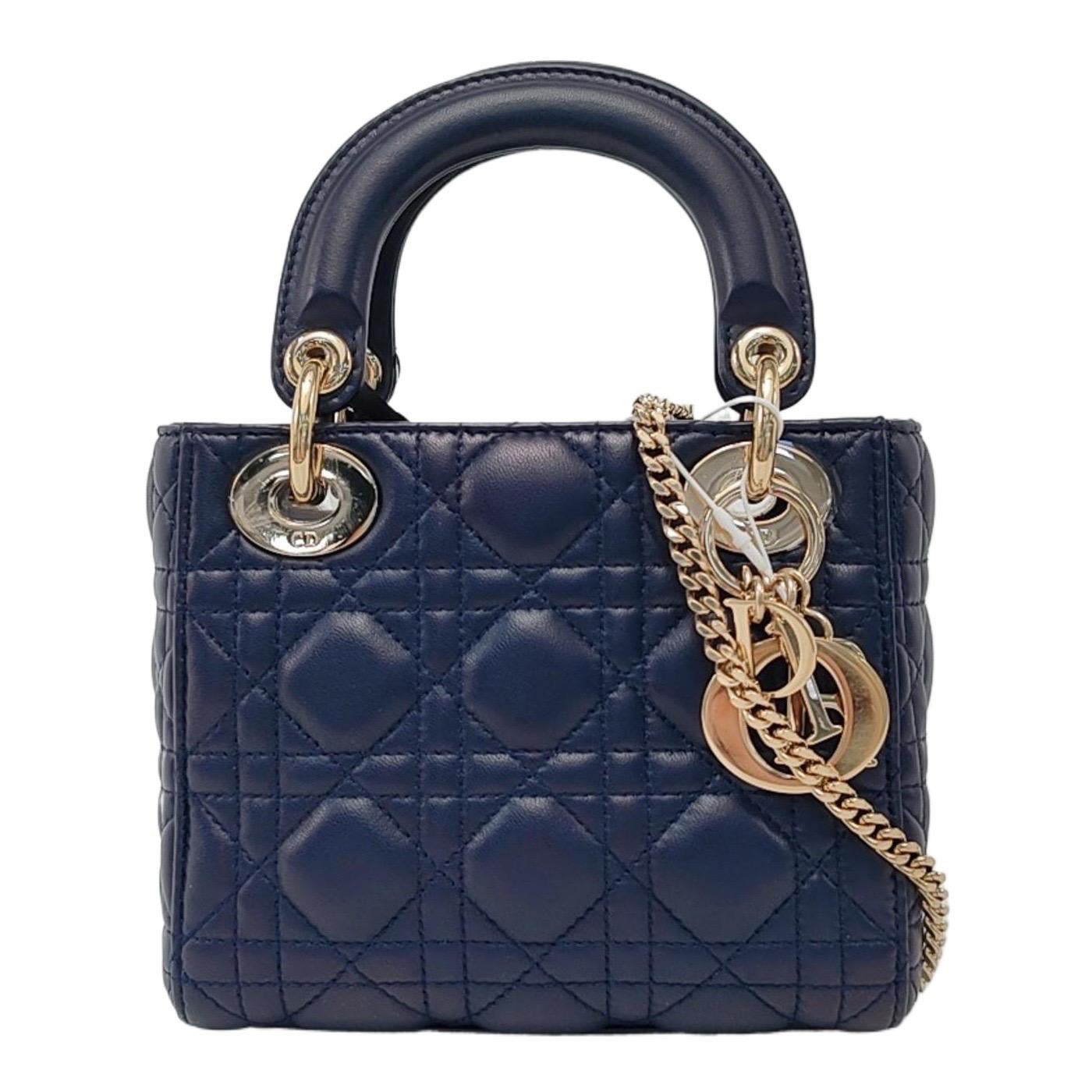 Lady Dior Mini Navy Lambskin Leather Gold Hardware Chain Strap For Sale