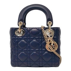 Lady Dior Mini Navy Lambskin Leather Gold Hardware Chain Strap
