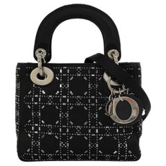 Lady Dior Mini Black Silk with Crystals Silver Hardware