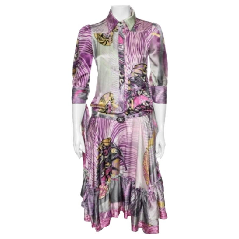 Just Cavalli - Robe en soie imprimée multicolore avec ceinture et ourlet à volants S