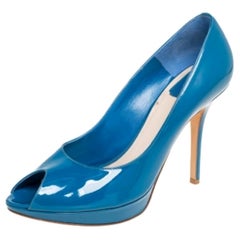 Dior Blue Patent Leather Miss Dior Peep Toe Platform Pumps Size 41