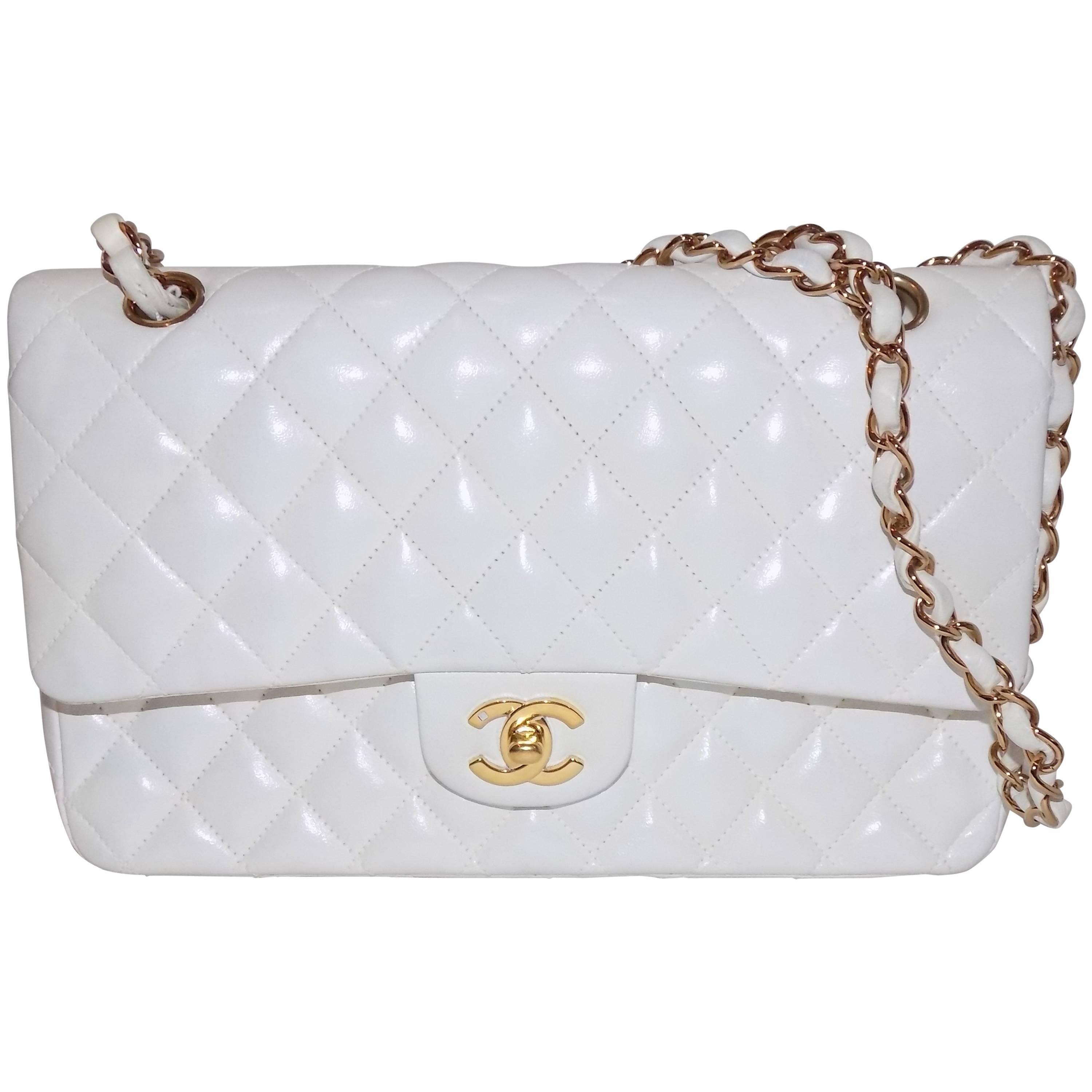 White Lamb Skin Quilted Medium Classic Double Flap Shoulder Bag  For Sale