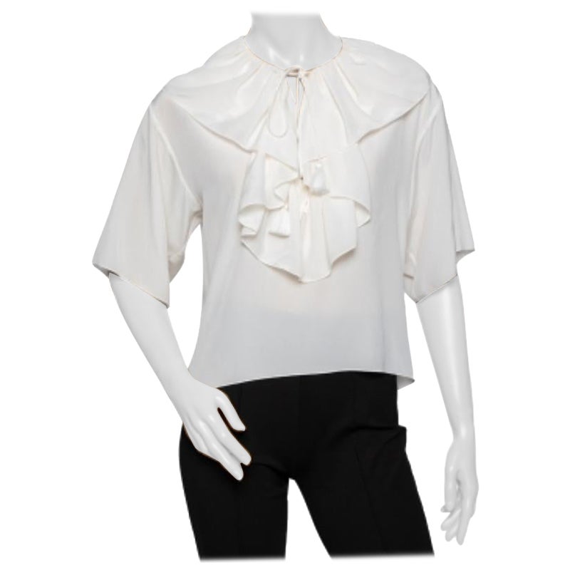 Chloe Off White Silk Ruffle Trimmed Neck Tie Detail Blouse S. White