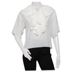 Chloe Off White Silk Ruffle Trimmed Neck Tie Detail Blouse S. White
