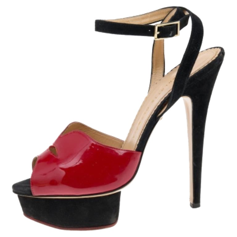 Charlotte Olympia Red Suede And Patent Leather Platform Sandals Size 39.5 For Sale