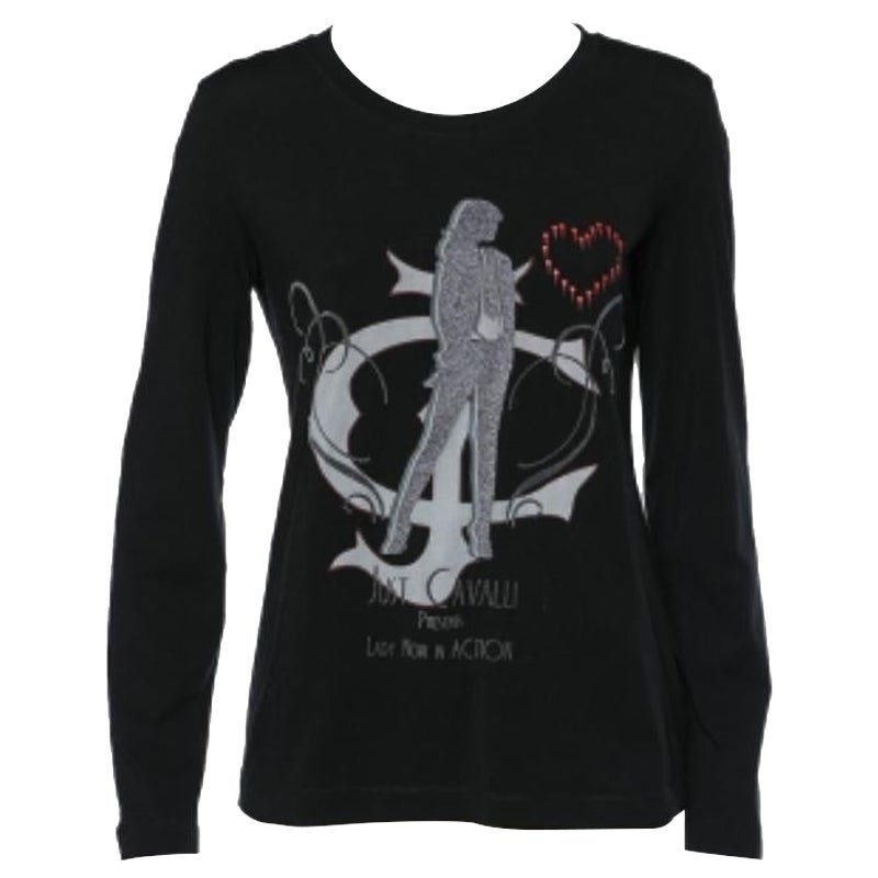 Just Cavalli Black Printed Cotton Knit Long Sleeve T-Shirt XL For Sale