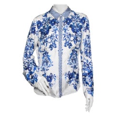 Roberto Cavalli Weißes & blaues langärmeliges Hemd mit Blumendruck L