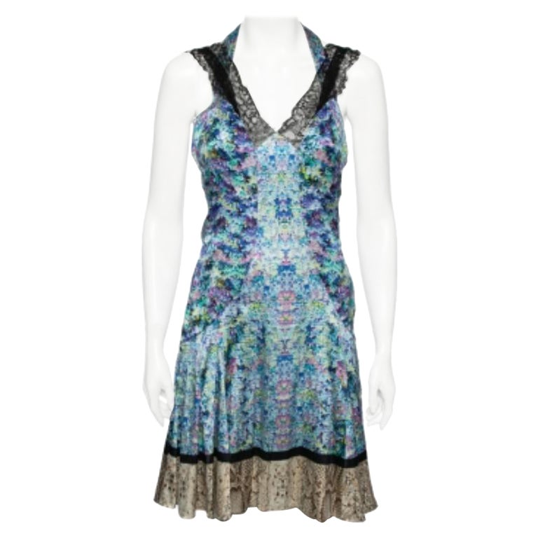 Roberto Cavalli - Robe imprimée multicolore bordée de dentelle de soie M