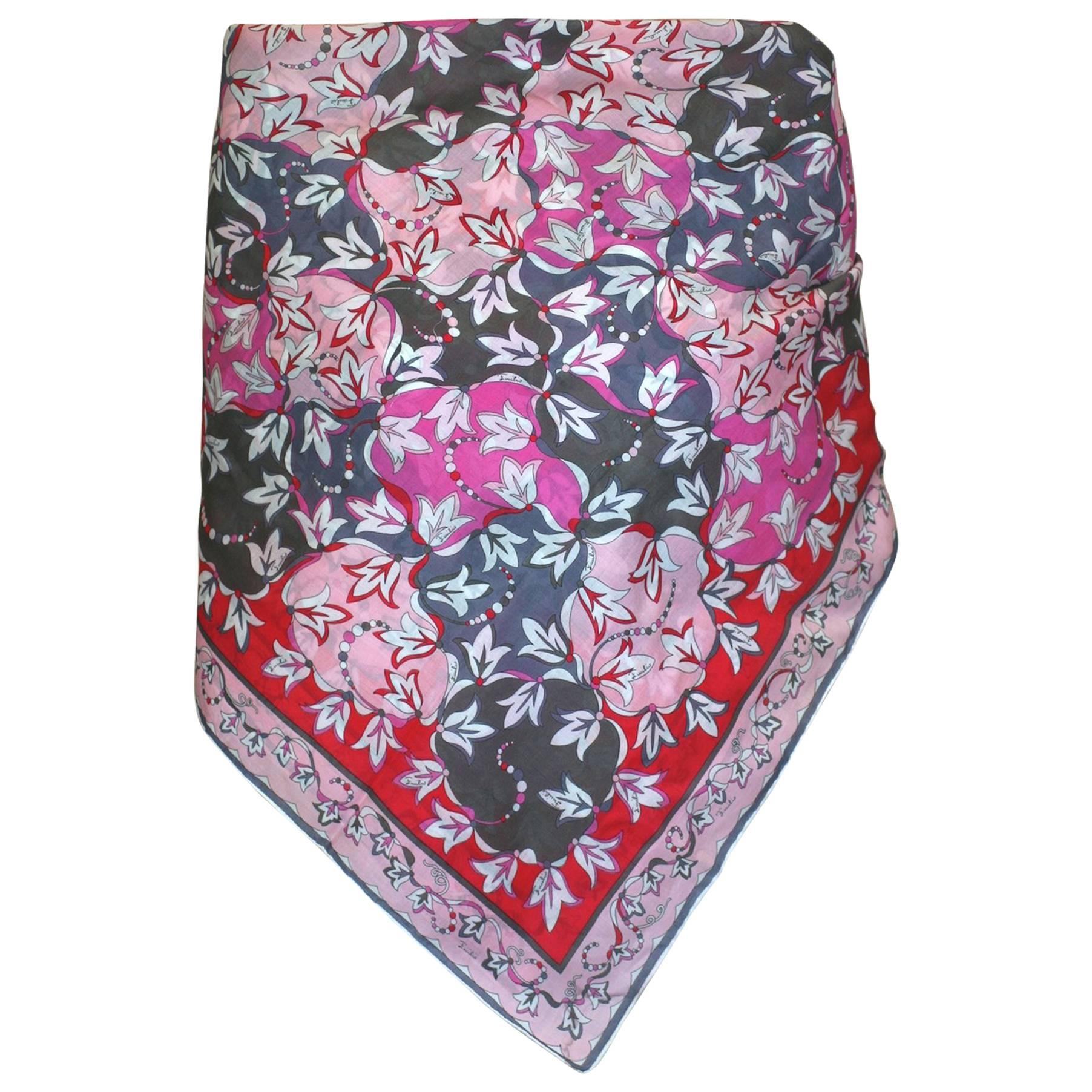 Emilio Pucci Pink and Red Floral Cotton Scarf For Sale