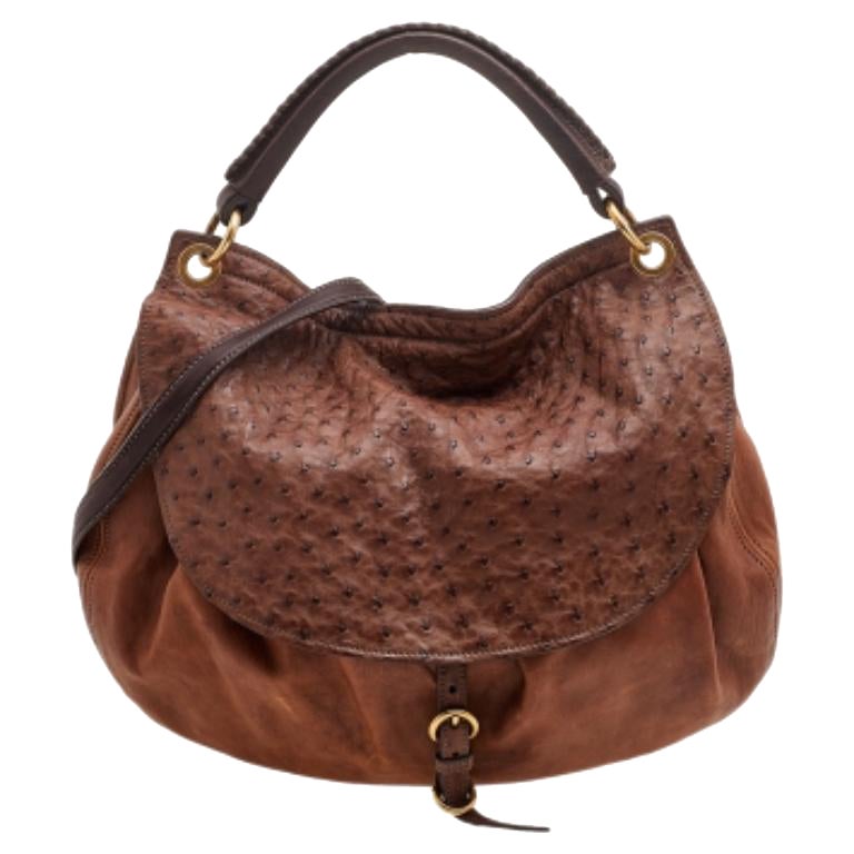 Miu Miu - Sac à main en cuir et autruche - marron