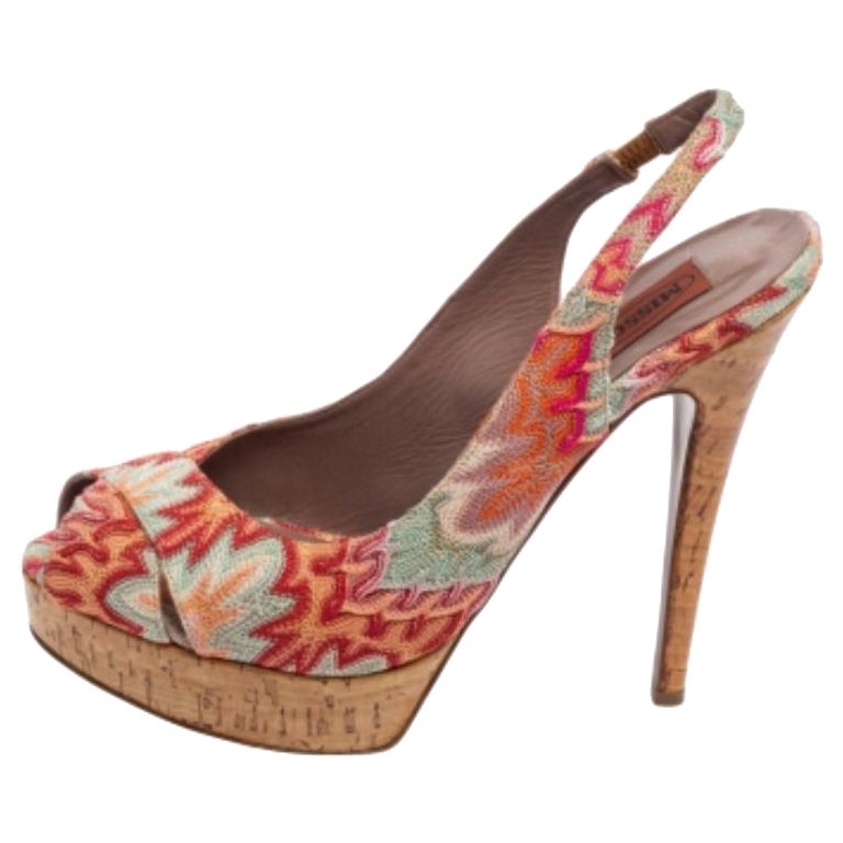 Missoni Multicolor Weave Fabric Peep-Toe Platform Slingback Sandals Size 39 For Sale