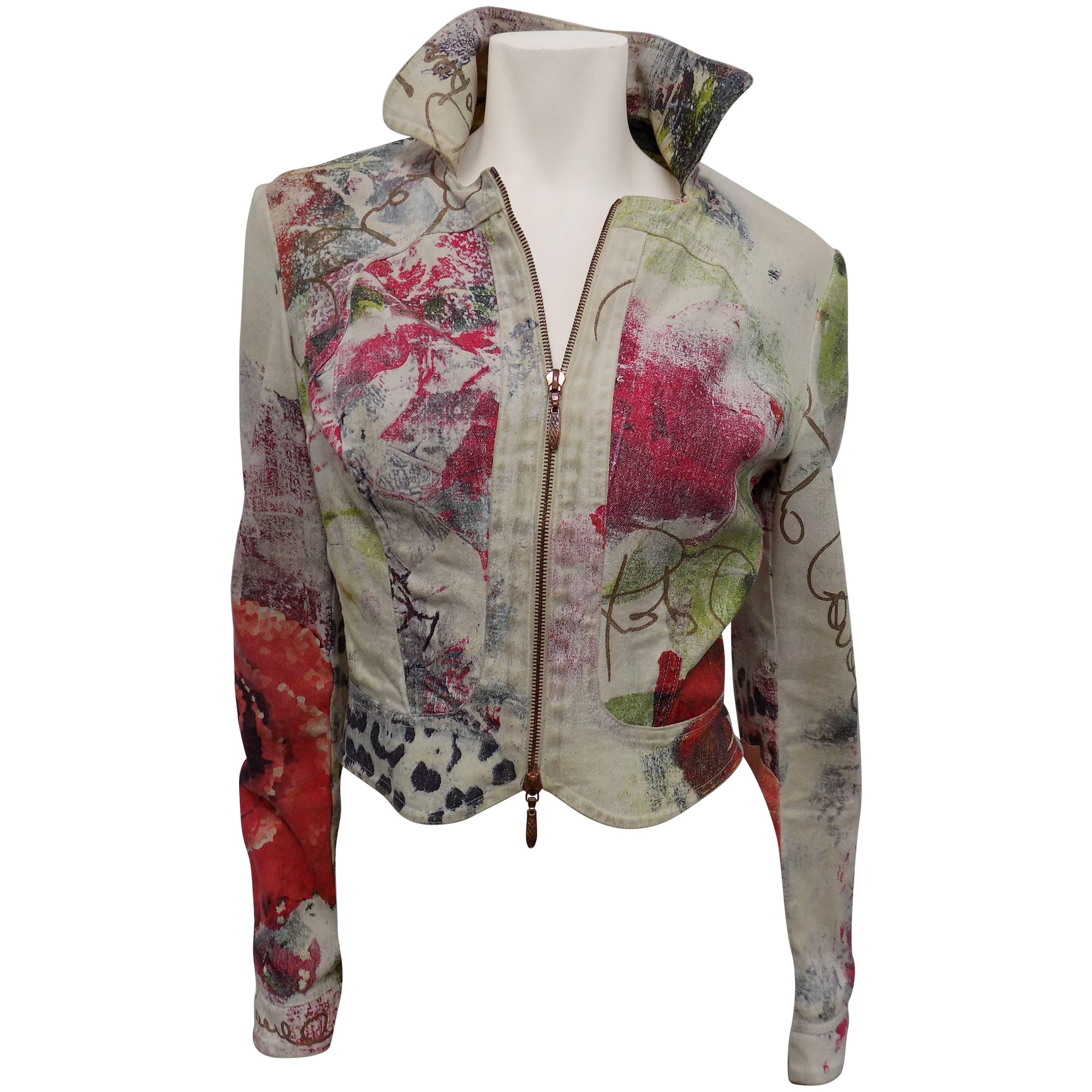 Roberto Cavalli  Rare printed  biker  jacket with zippers For Sale