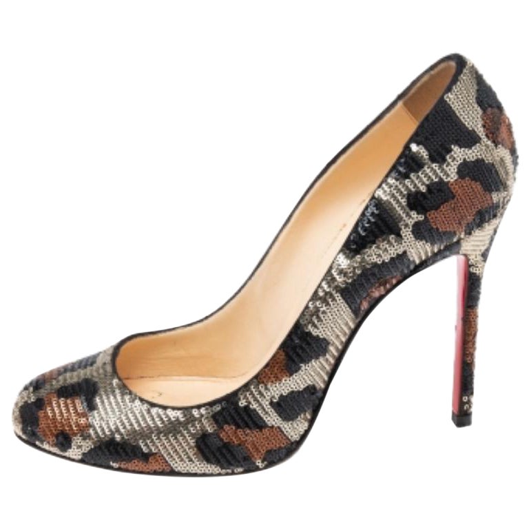 Christian Louboutin Tri-Color Leopard Print Sequins Fifi Pumps Size 38 For Sale