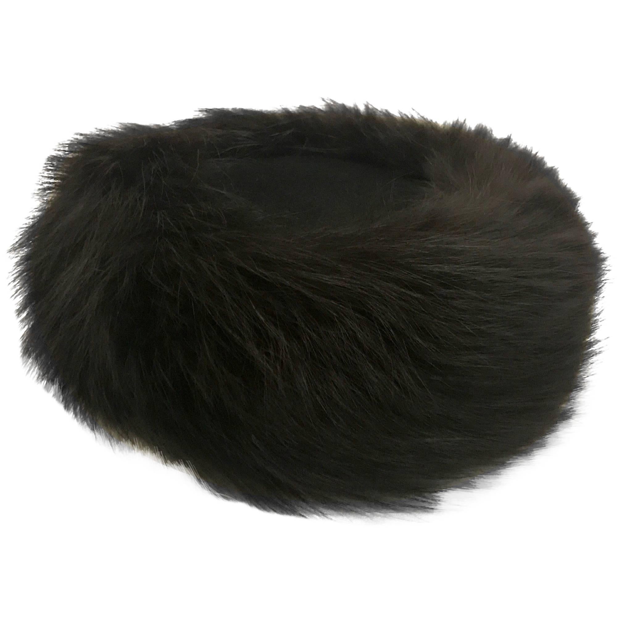 Joseph Magnin Black Fox Fur Felt Pill Box Hat, 1960s  For Sale