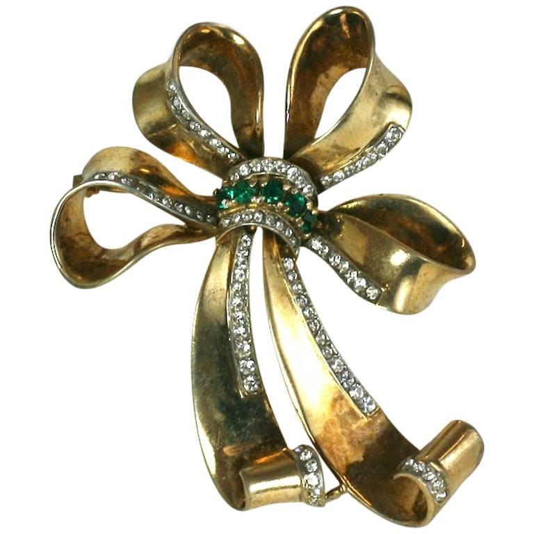 Trifari Alfred Phillipe Gold Washed Sterling Retro Bow Brooch For Sale