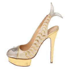 Charlotte Olympia Gold Leather Catch of the Day Platform Slingback Pumps Size 39