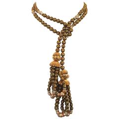 Retro Long Lovely Lariat Necklace by William deLillo Goldtone Pearl Rondelle Tassels