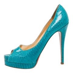 Christian Louboutin Turquoise Python Leather Altadama Peep-Toe Pumps Size 39.5