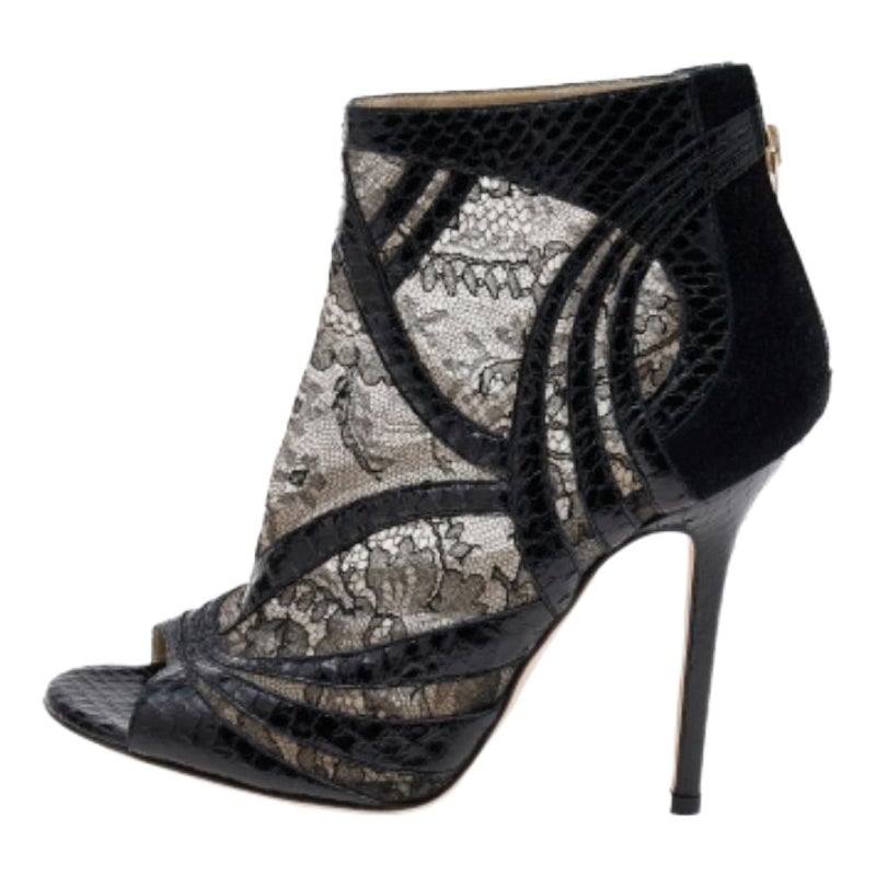 Jimmy Choo Black Snakeskin and Lace Peep Toe Booties Size 37.5 For Sale