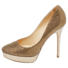 Jimmy Choo Gold Glitter Fabric And Embossed Leather Eros Platform Pumps Size 40